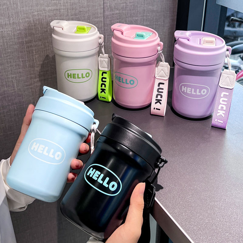 Simple Stainless Steel Thickened Coffee Thermos Cup, Dual-Use Drinking Cup, Tea Storage Straw Cup, Portable Student Female Cup, Water Bottle