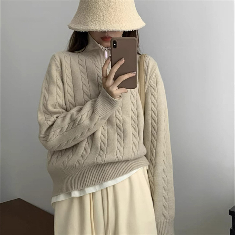 翻领设计感麻花拉链针织衫秋冬女装长袖纯色气质宽松上衣女套头|undefined