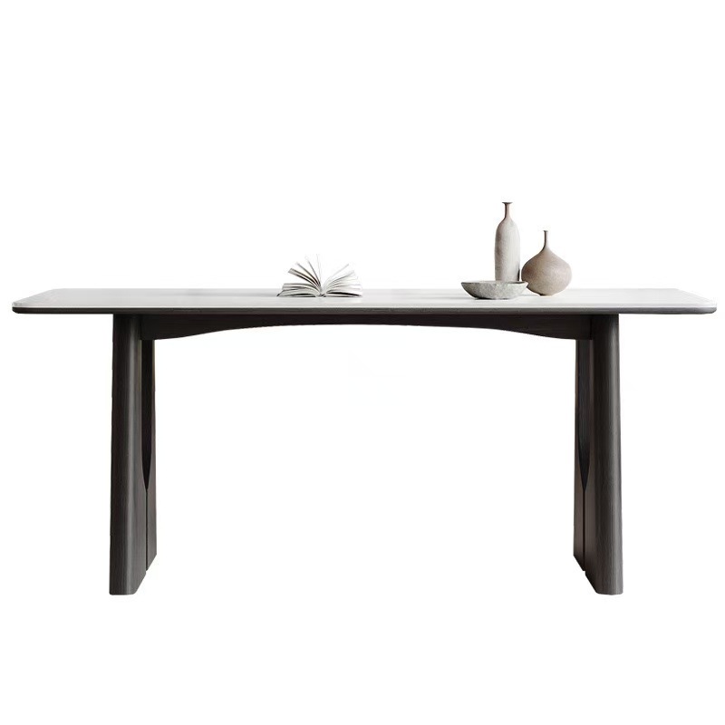 Mesas y sillas de comedor de madera maciza de estilo antiguo, mesa de comedor de tablero de roca para el hogar rectangular pequeño apartamento de celebridades de Internet negro retro francés