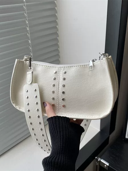 Cross-Border Fashion Rivet Simple Wide-Strap Casual Women's Simple Shoulder Bag 2025 New Retro Versatile Underarm Bag