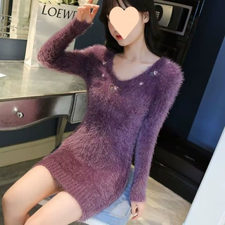 新款水貂绒毛衣女秋冬打底连衣裙领绣花修身显瘦打底衫女中长款