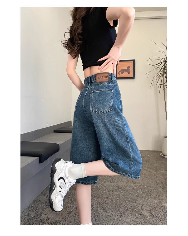 Quần short jean nữ lưng cao 5 phân kiểu Mỹ dáng suông rộng — Màu xanh - Quần lửng chi tiết 10