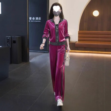 金丝绒休闲运动服套装女2025新款洋气大码时尚外套直筒裤两件套潮