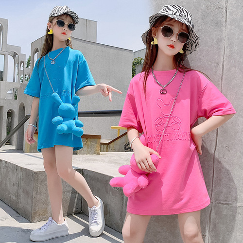  Summer New Girls T-shirt Summer Clothes for Big Kids Korean Style Mid-Long Loose Doll Shoulder Bag Bottoming Shirt