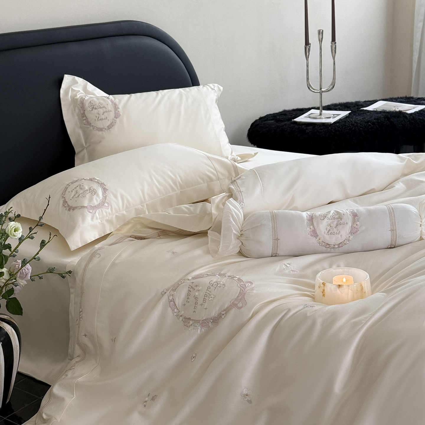 ¡Flor Shadow Shake! 100S algodón largo cuatro piezas de algodón bordado cubierta de edredón de algodón cuadrangular cubierta de almohada cuatro estaciones desnuda para dormir