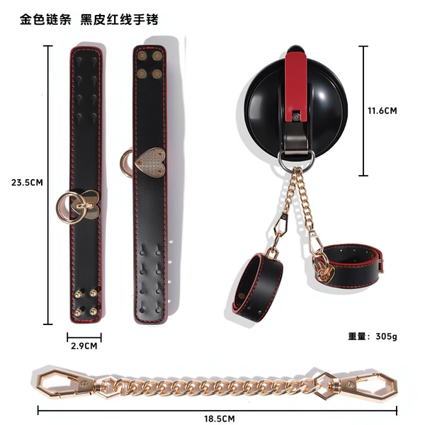 Genuine black leather red thread suction cup handcuffs-gold chain