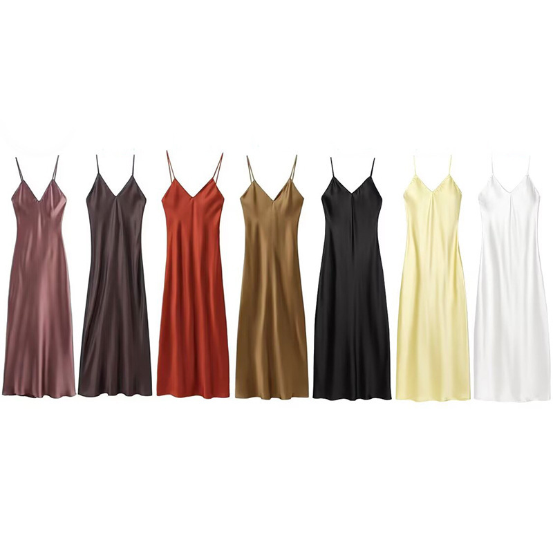 1062- Summer New Women's Clothing European and American Style Spaghetti Strap V-Neck Solid Color Versatile Lingerie-Style Silk Satin Dress 1062- Summer New Women's Clothing European and American Style Spaghetti Strap V-Neck Solid Color Versatile Lingerie-Style Silk Satin Dress