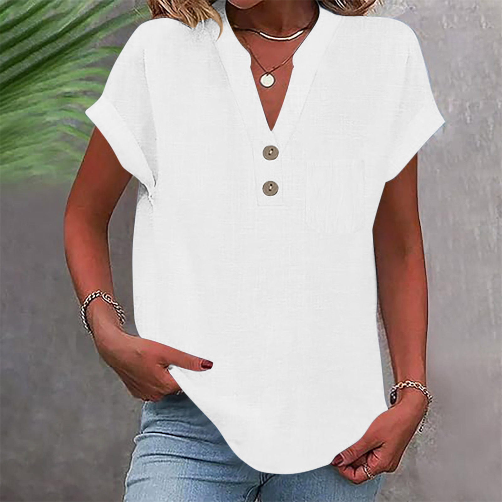 2025 European American Summer Solid Color Buttoned Short-sleeve Women's Shirt, Cotton-linen, Washed, Wrinkled,_ecoleips.com