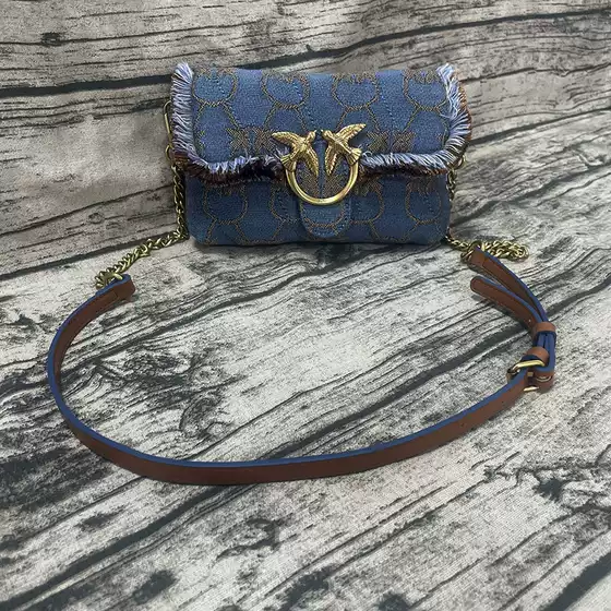 Pinko Style Denim Embroidered Swallow Puff Tassel Bag - Mini Pillow Crossbody Shoulder Bag