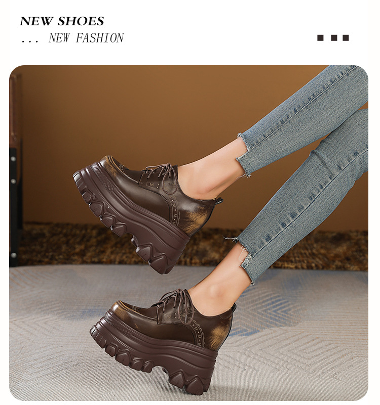 Giày sneaker nữ đế dày phong cách Anh quốc cổ điển, dây buộc, gót 12 cm — màu nâu chi tiết 12