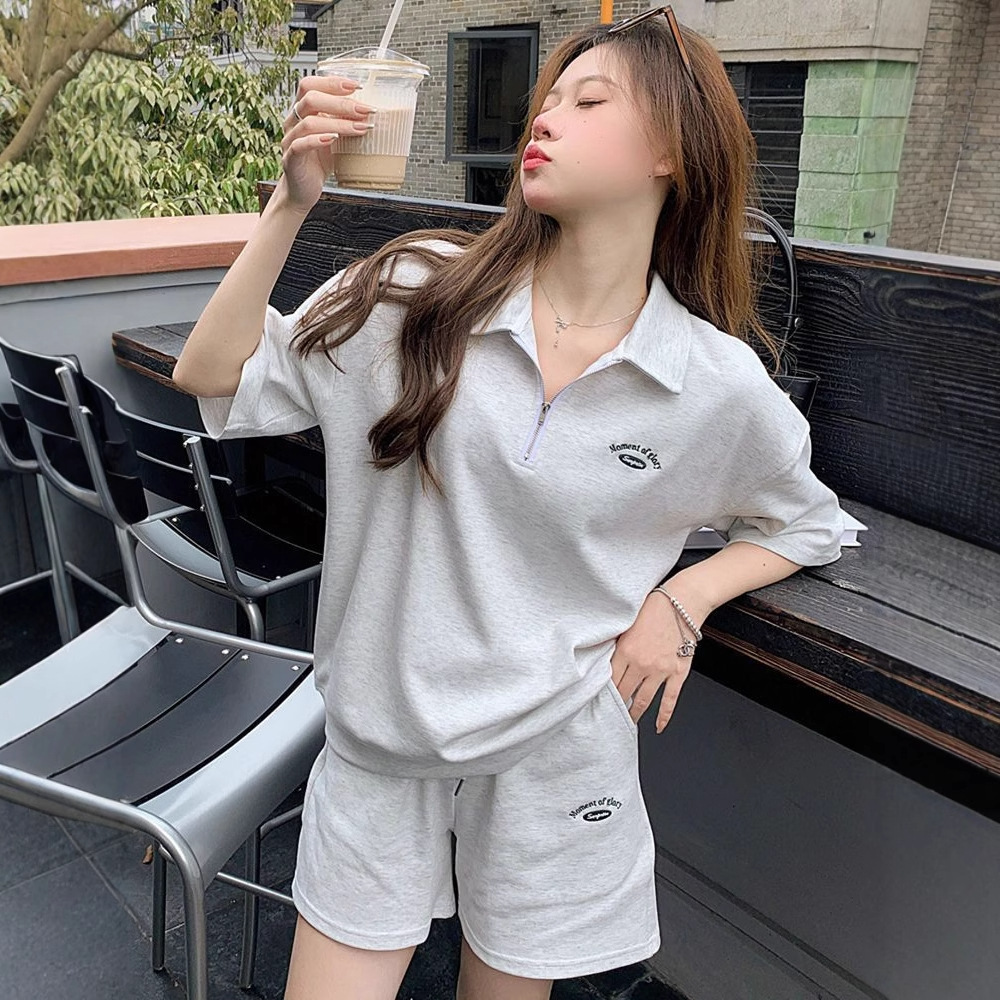 여성용 스포츠 슈트, 여름 연령 감소 폴로 셔츠, 반팔 상의, 루즈한 캐주얼 팬츠, 반바지, 소형 투피스 세트