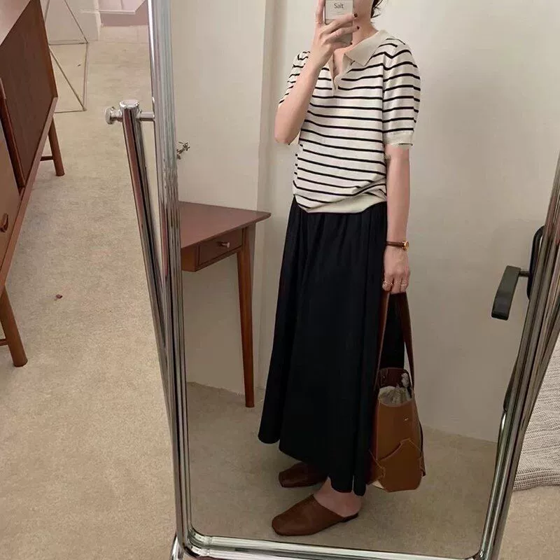 2021ins style Korean generation striped thin ice silk knitted short-sleeved lapel top