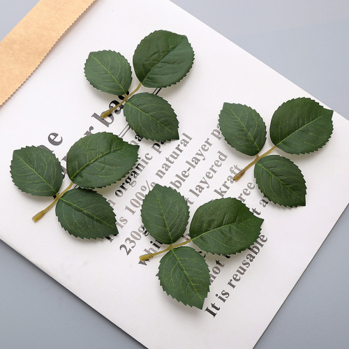 High-end simulated dark green rose leaves thickened silk screen three-pronged rose fake leaves decorative flower arrangement accessories