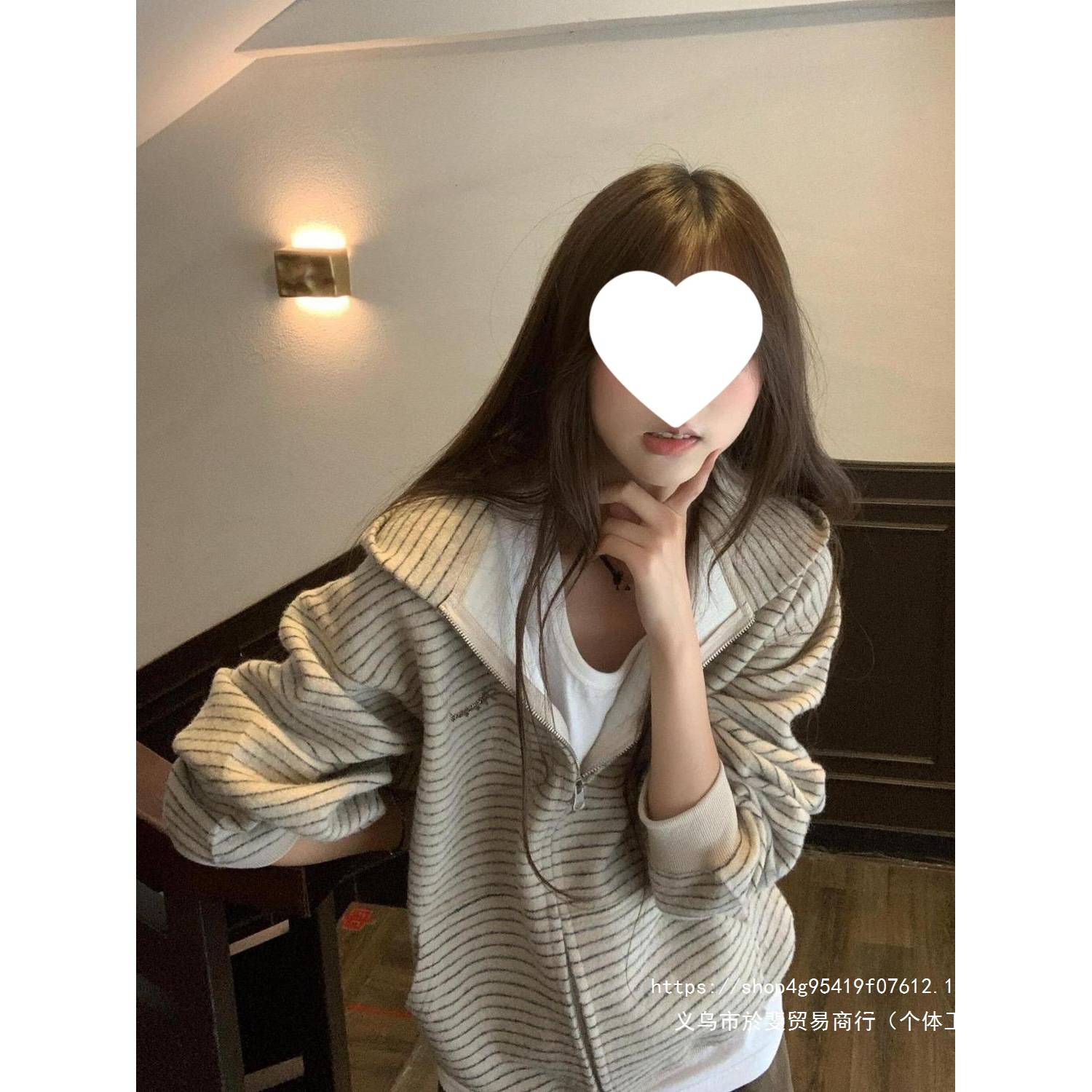 国潮美式条纹连帽拉链外套女2026秋季新款小众休闲宽松开衫上衣