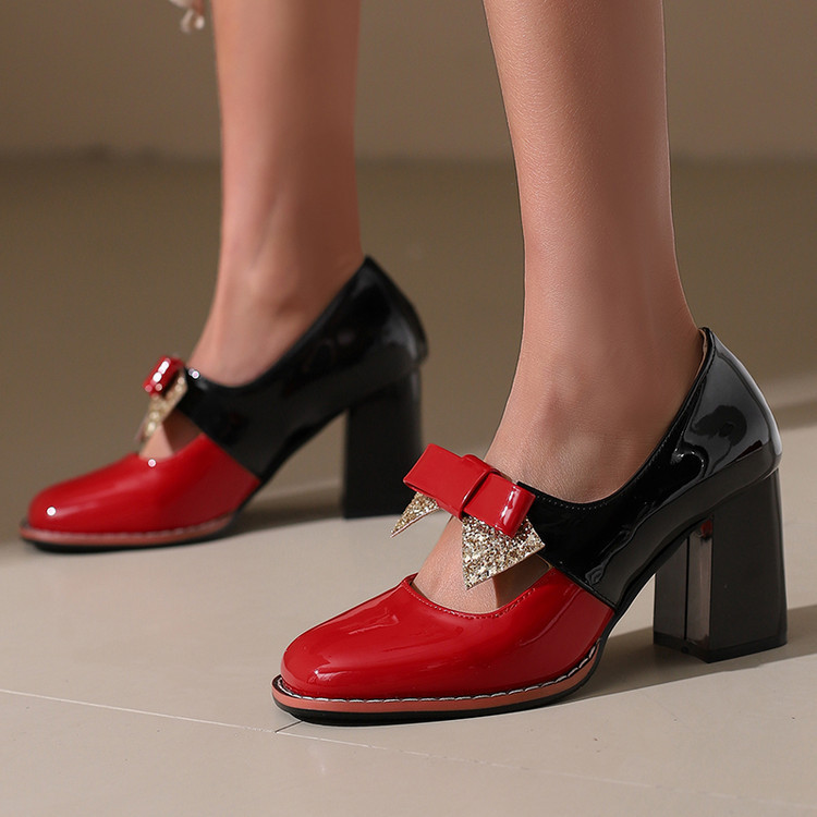Mary Jane Women's Shoes Patent Leather Color-Blocked Square Toe Thick Sole Chunky Heel High Heel Sequin Bow Slip-On Women's Shoes 7366 Mary Jane Women's Shoes Patent Leather Color-Blocked Square Toe Thick Sole Chunky Heel High Heel Sequin Bow Slip-On Women's Shoes 7366