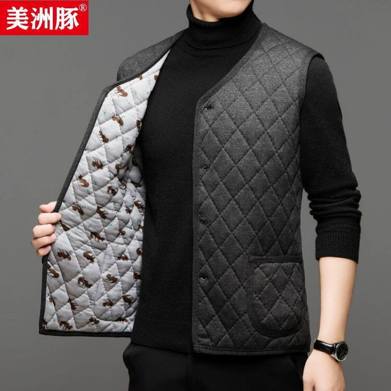 Demi-season down jacket, keep warm vest, V-neckline, for middle age, increased thickness