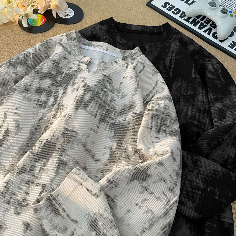 Corduroy Tie-dye V-neck Long-sleeve Men's T-shirt, Autumn Niche Design, Base Layer Shirt, American Retro Top_voghion.com
