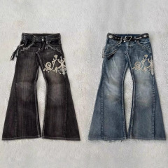 ヨーロッパとアメリカのクロスボーダーy2kストリートホットガールジーンズヘビーエンターテイメント刺繍デザインパンクブーツカットパンツスリムパンツトレンディ