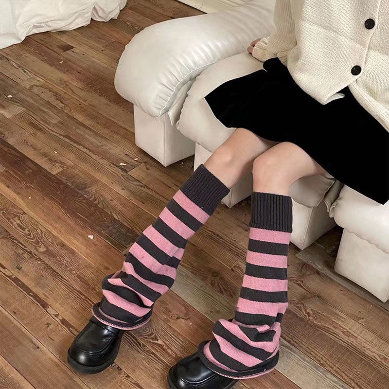 Autumn/Winter JK Knit Calf Gray Pink Striped Bellbottom Socks Y2K Millennium Hot Girl Bunchy Socks Woolen Warm Leg Cover
