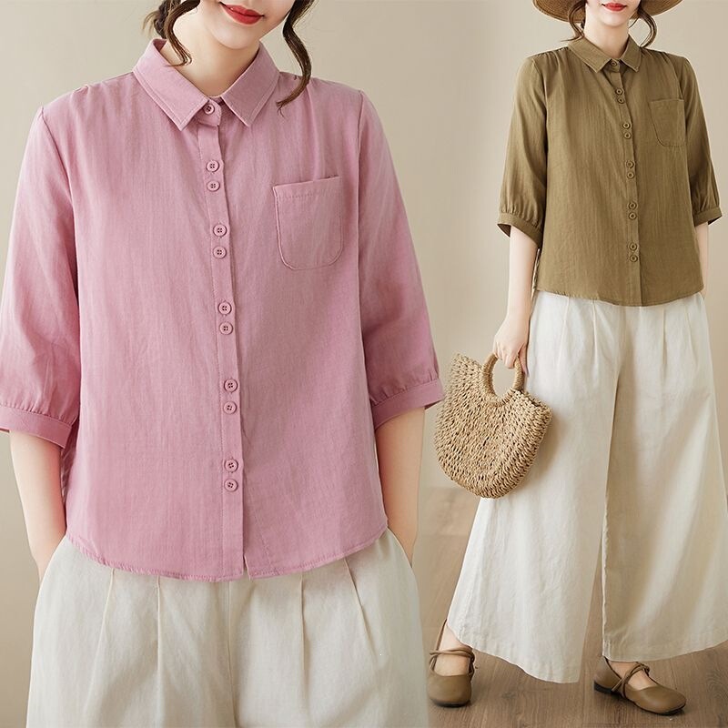 2025 New Artistic Summer Style Solid Color Double-Button Cotton-Linen Shirt, Age-Reducing Shirt, Casual Loose Slimming Top 2025 New Artistic Summer Style Solid Color Double-Button Cotton-Linen Shirt, Age-Reducing Shirt, Casual Loose Slimming Top