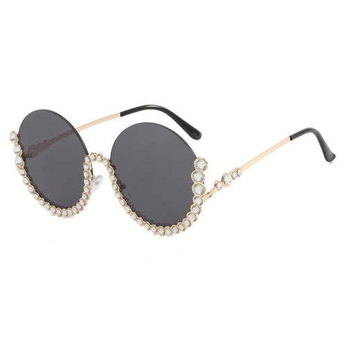 Round diamond-encrusted metal sunglasses  new half-frame sunglasses cross-border European and American gorgeous gradient sunglasses trend