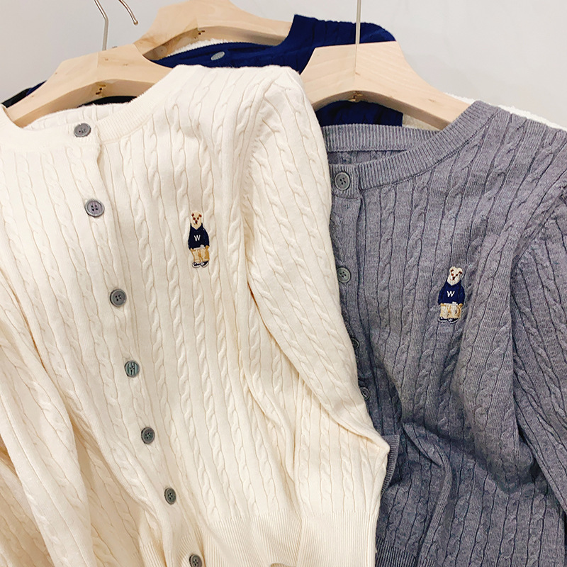 Academy Style Knitted Coat Spring and Autumn Bear Embroidered Sweater Korean Style Slim-fit Outer Long Sleeve Pit Round Neck Top Academy Style Knitted Coat Spring and Autumn Bear Embroidered Sweater Korean Style Slim-fit Outer Long Sleeve Pit Round Neck Top