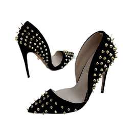 外贸女鞋黑色反绒金色铆钉性感中空露趾45大码小码男女细跟高跟单