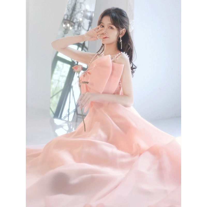 Đầm maxi nữ thắt eo dáng công chúa không dây, phong cách dạ hội thanh lịch — Màu hồng