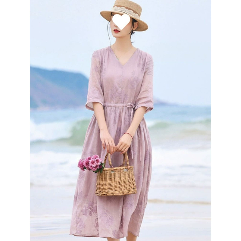 Элегантное повседневное платье из рами средней длины для отпуска, новое летнее платье большого размера, длинная юбка для похудения талии