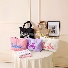 ETSY个性化名字格子绣线棉服包包女包新款字母印花面包手提布包单