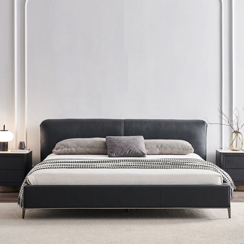 Diseñador minimalista italiano gran cama de cuero negro de vaca 1.8m simple y moderna pequeña cama doble dormitorio principal
