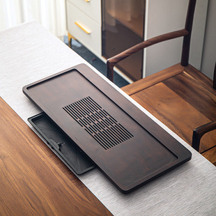 Tea tray household draining bamboo rectangular walnut tea drain pipe simple row storage dual-purpose tea table tea table