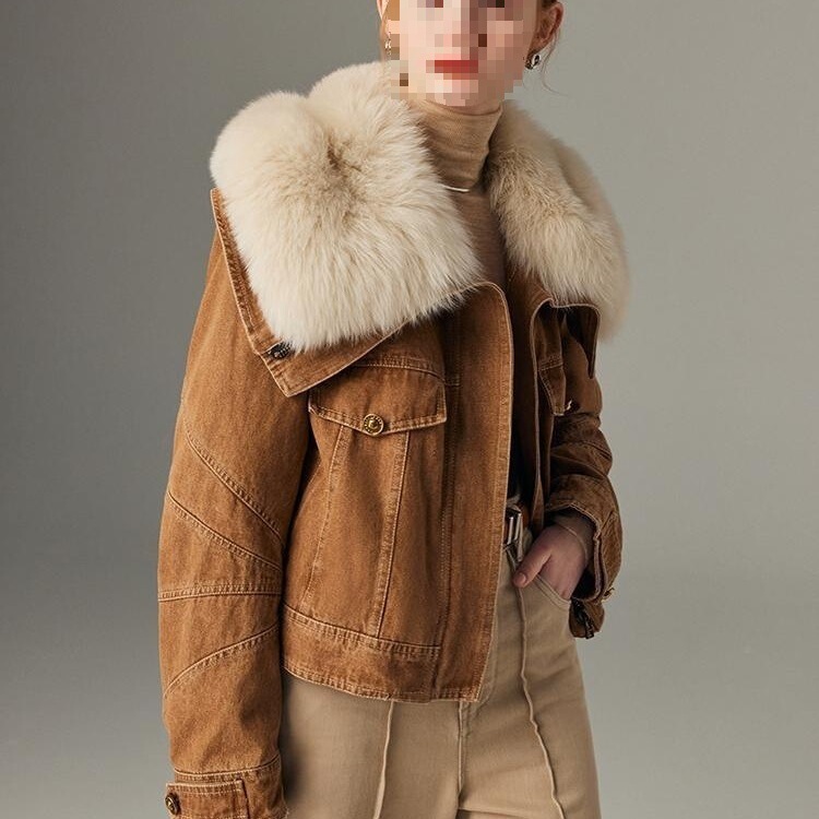 This Year's Trendy Maillard Denim down Jacket Fur Coat for Women, Winter Faux Fox Fur and Goose down Short Parka