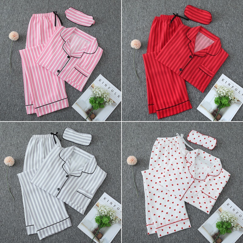Four seasons can wear striped pajamas women cross-border OZON bubble wrinkled cotton home wear long sleeve trousers eye mask suit Four seasons can wear striped pajamas women cross-border OZON bubble wrinkled cotton home wear long sleeve trousers eye mask suit