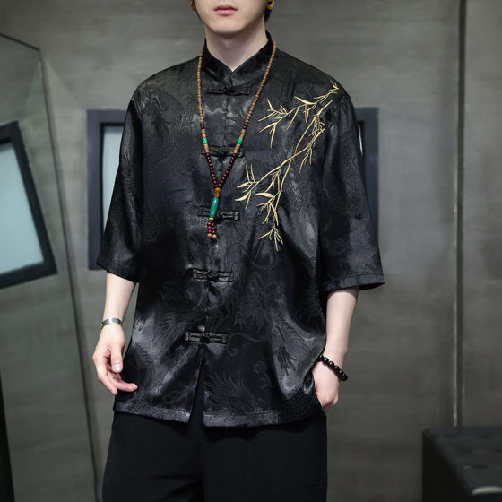 2024 Summer New Chinese Style Men's Fashion Tang Suit Hanfu plus size Loose Ice Silk Casual Short Sleeve Shirt for Men