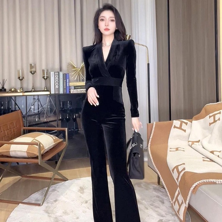 Fl232554 Tweed Style Black Jumpsuit Winter Fashion Elegant New Slim Women's Suit Pants