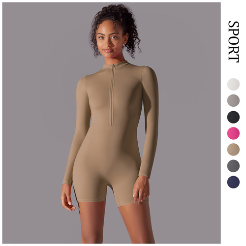 Half-open collar zipper long-sleeved jumpsuit fitness sports sexy tight jumpsuit brushed nude feeling skin-friendly yoga wear