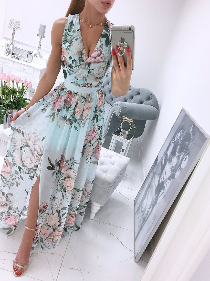 new fashion Chiffon print long slit dress NSAXE57060