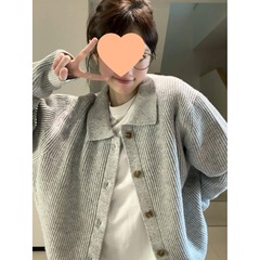 灰色慵懒风翻领针织开衫毛衣2025秋冬感美式复古cleanfit外套