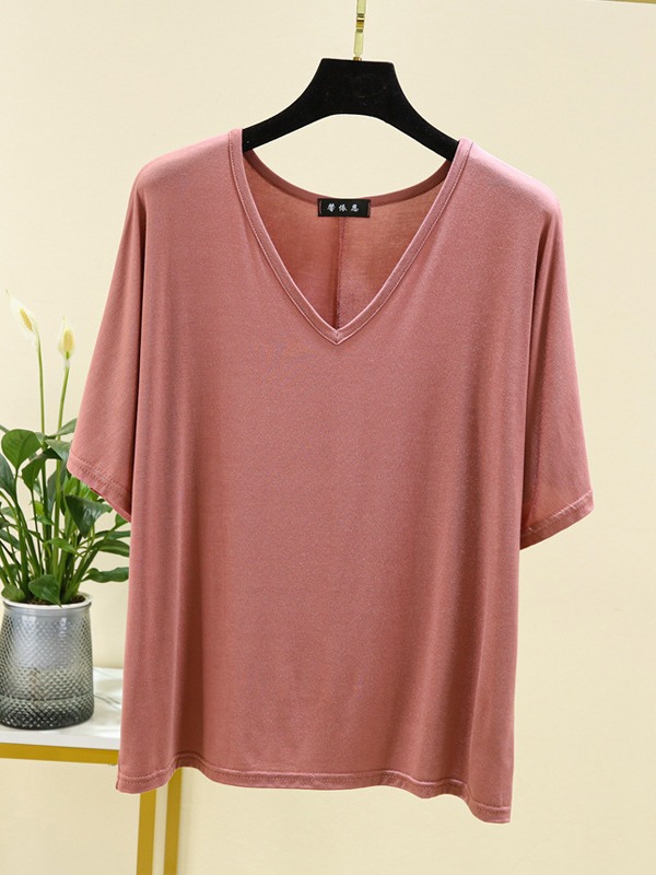 Modal T-Shirt for Women, Summer Short-Sleeve Stylish Loose Fit Slimming Versatile V-Neck Top Casual Blouse Inner Layer Base Shirt