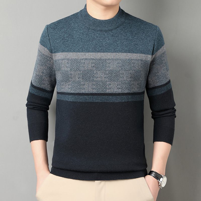 跨境外贸长袖男式毛衣2025年冬季中年时尚拼色加厚圆领针织打底衫