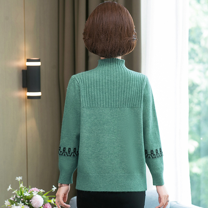 Middle-aged and elderly women's thickened sweater fashion jacquard sweater semi-high collar long sleeve mother autumn and winter sweater women