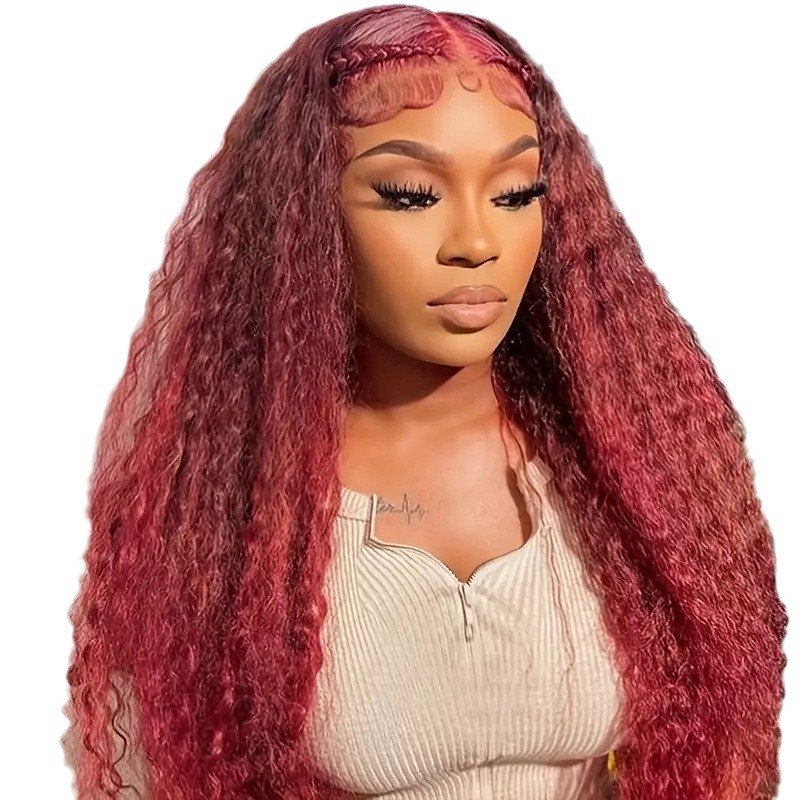 European American Style Small Curly Wig Lace Front Synthetic 13 X 4 Lace Trim African Wine Red Color_voghion.com
