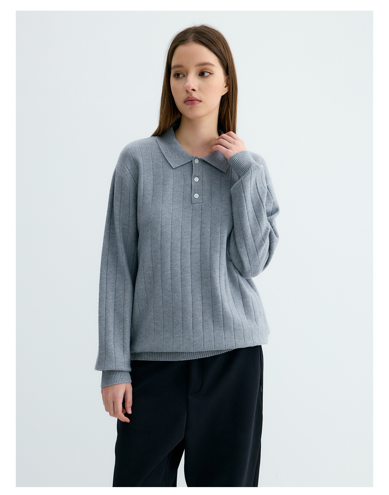 UNF 250g Ribbed Knit Polo Sweater