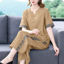 时尚棉麻套装夏装女2024年新款妈妈装宽松大码阔腿裤亚麻两件套潮