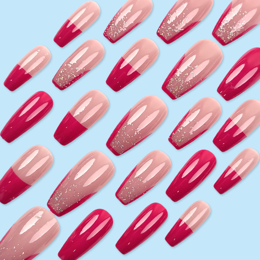 Uñas postizas francesas trapezoidales brillantes color rojo cereza, estilo para viajeros internacionales, arte de uñas que ilumina la piel, 24 piezas de uñas postizas al por mayor en stock.