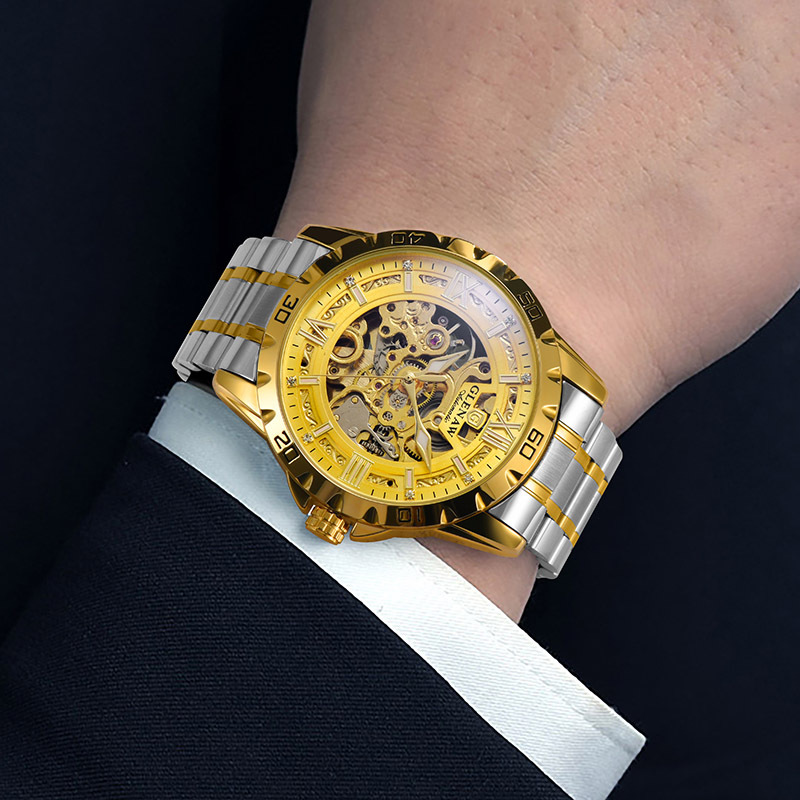 Đồng hồ nam thép không gỉ automatic lộ máy Glenn — Thắt lưng thép vàng 8718, Thắt lưng thép bạc 8718