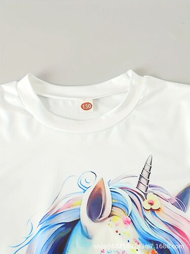 A cartoon unicorn girl 3D digital casual short-sleeved T-shirt suitable for outdoor wear, cute cartoon print