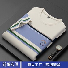 润恩堡罗春夏新款男士230克色织棉涤条纹圆领鲨鱼刺绣套头T恤跨境