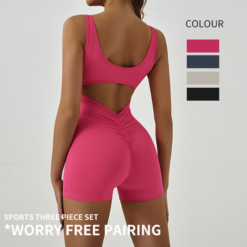 아마존 유럽 및 미국 여성용 슬리브리스 원피스 요가 수트 가슴 패드, 배 주름, 스포츠 뷰티 백 피트니스 수트